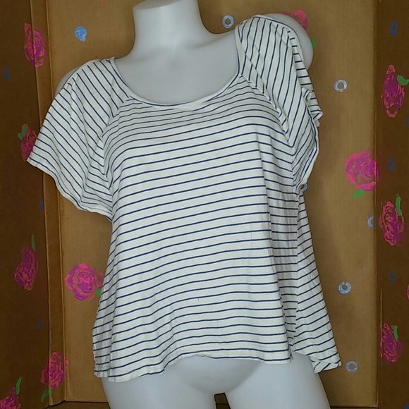 Guess Jeans Blue & White Cold Shoulder T Shirt M - Picture 2 of 10